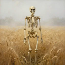 a skeleton standing in a stomry, foggy wheat field in the style of impressionism, fine details