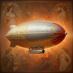 epic war zeppelin, dramatic lighting, orange glow, silver gold red details, filigree, intricate details, cinematic, elegant, octane render, 8k post-processing, intricate art by John Collier and Albert Aublet and Krenz Cushart and Artem Demura and Alphonse Mucha