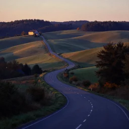 a road weaving through rolling hills from a house on the edge of a forest at dusk. perspective landscape. strong shadows. deep colorful soft gradients, and translucence. by norman rockwell and eyvind earle