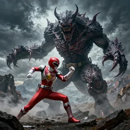 digital art of a gigantic power ranger fighting a horrific monster, horror art, beksinski, detailed textures and lighting, storm in the background, mountains, action pose, high detail character models, detailed mountains, epic fight, movie quality battle, full view, 8 k