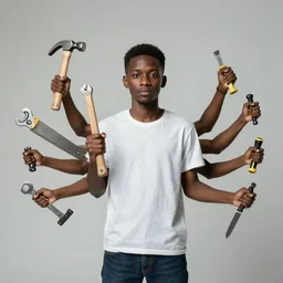 a young man, kali like, many arms holding hammer, spanner, saw, screwdriver, knife, by beeple