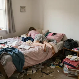 a girl's bedroom showing signs of wear and habitation. cluttered.