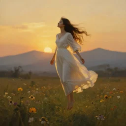 oil painting portrait of a young woman with long flowing hair in a white dress, levitating floating over a field of flowers at sunset with mountains in the background, hazy, digital art, chiaroscuro, artstation, cinematic, golden hour, digital art painting by greg rutkowski, william - adolphe bouguereau, lu ji, hazy atmosphere, flowers, cinematic lighting