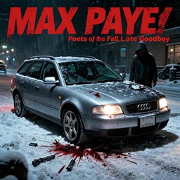 Audi A4 B6 Avant (2002), a gritty neo-noir, dramatic lighting, cinematic, eerie person, death, homicide, homicide in the snow, viscera splattered, gunshots, establishing shot, extremely high detail, photorealistic, cinematic lighting, artstation, by simon stalenhag, Max Payne (PC) (2001) winter New York at night, In the style of Max Payne 1 graphic novel, flashing lights, Poets of the Fall - Late Goodbye
