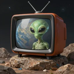 an alien on a rocky planet with a tv head. beautiful matte painting