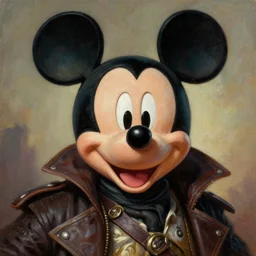 portrait of mickey mouse as a scheming crazy warlord in mad max 2 : the road warrior, film still, detailed realism face in painting, detailed beautiful portrait, oil painting masterpiece, 8 k resolution, smooth, sharp focus, trending on artstation, by rembrandt
