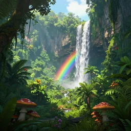 a tropical overgrown forest jungle dense, mountains, cliffs, rainbow, waterfall, mushrooms, unreal engine, stylized, sunrays