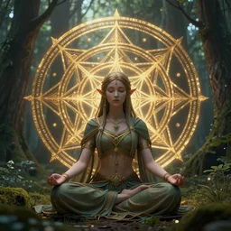 elven princess meditating in forest, digital art, octane render, ultra detailed, intricate, sacred geometry, serene, beautiful