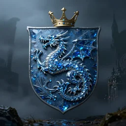 heraldic coat of arms with a ( ( ( blue crystal dragon symbol ) ) ), gloomy and foggy atmosphere, octane render, rembrandt, cgsociety, artstation trending, horror scene, highly detailded