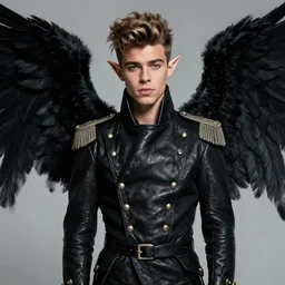 portrait painting of zayn malik as an elf with black wings by jeremy mann, wearing leather napoleonic military style jacket, pointy ears, large black wings background