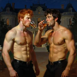 muscular male mike and muscular male tyler, one is ginger and the other brunet, drinking their hearts out, in their noble mansion, at night. highly detailed painting by gaston bussiere, craig mullins, j. c. leyendecker 8 k