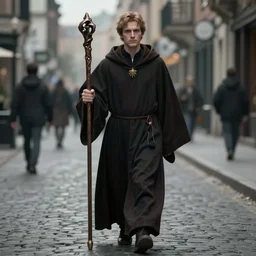 a man walks down the street wearing a robe, holding a staff, by HP Lovecraft, Eldritch horror