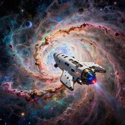 spaceship flying over huge and colorful nebula, spray paint