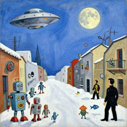 picasso cubist painting of sky, winter, snow, 1 9 5 0 s scifi, tin toy robots, ufo, flying saucer, moon, meninblack, steampunk, alley, streets, nicoletta ceccoli, mark ryden, lostfish, max fleischer, artstation, digital paint, matte paint, vivid colors, bright, cheerful