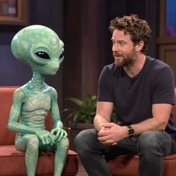 a wholesome animation key shot of joe rogan interviewing an alien who is high on dmt, medium shot, studio ghibli, pixar and disney animation, sharp, rendered in unreal engine 5, anime key art by greg rutkowski, bloom, dramatic lighting
