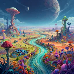 digital illustration of flowing through a vibrant alien landscape, art by Benoit B. Mandelbrot, Steven Belledin, Beeple, and Caspar David Friedrich, colorful alien flora, terraformed alien planet, wide angle, panoramic, fantasy, 8k resolution, deviantart, trending on Artstation, concept art, Terragen, HDR, Octane