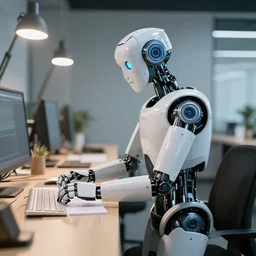 a robot standing on the side of a writer concentrated on his work