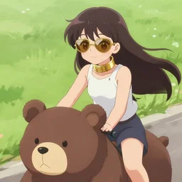 anime girl wearing a choker made of gold and sungalsses riding a bear