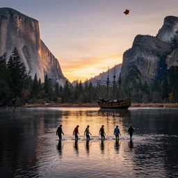 calm lake, group of humans walking in the water, leaves falling in the wind, beached galleon, sunset, yosemite valley