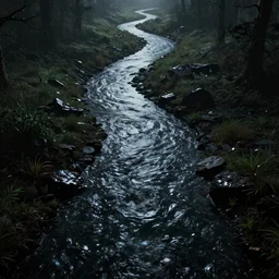 macro view of a long sinusoidal dark river through wet skin, 3 d photorealistic octane render, 8 k, sharp focus, dramatic lighting, night lighting,, by artgerm and tim burton