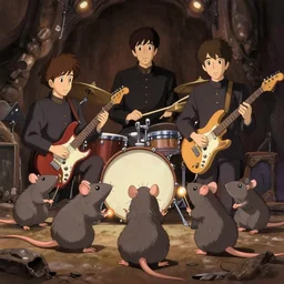rats playing in a rock band inspired by the beatles, beautiful, dreamlike, wholesome, ghibli and disney animation, sharp, intricated, art by ken anderson and mel shaw, bloom, dramatic lighting, brown palette,