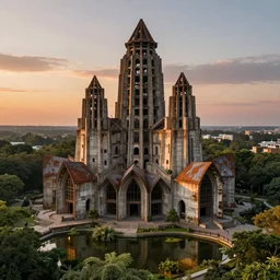 an extremely detailed cathedral of brutalist architecture, surrounded by lush green forest, accurate reflections in small ponds of water, stunning volumetric lighting, sunset, rusted steel, smooth concrete, stunning skies, trending on Artstation, 8k, photorealistic, hyper detailed, unreal engine 5, IMAX quality, cinematic, epic lighting, in the style of Greg Rutkowski