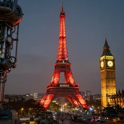 eifel tower and big ben, scifi, red glow, yellow glow, machines, artificial intelligence!!, ultra realistic, highly detailed, futuristic landscape, industrial, city, atmosphere, highlighted, cinematic, art by jan urschel and neil blevins, cruengine, octane render