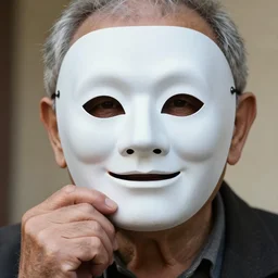 close - up portrait of a wrinkled old man wearing a pulcinella mask holding up a pizza!! to behold, clear eyes looking into camera, baggy clothing and hat, masterpiece photo by yousuf karsh