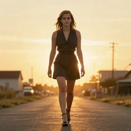 Emma Watson riding into the sunset, golden hour, heavenly lighting, XF IQ4, f/1.4, ISO 200, 1/160s, 4K, RAW, unedited, symmetrical balance, in-frame