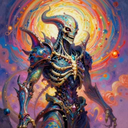a psychedelic portrait of omin dran skeletal phyrexian mind flayer psion, vibrant color scheme, highly detailed, in the style of romanticism, cinematic, artstation, moebius, greg rutkowski