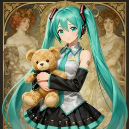 hatsune miku holding a teddy bear, intricate, elegant, highly detailed, digital painting, artstation, concept art, smooth, sharp focus, illustration, art by artgerm and greg rutkowski and alphonse mucha and william - adolphe bouguereau