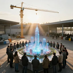 crane shot of large group people in open warehouse, looking at hologram of futuristic city on a table, cinematic still, godrays, golden hour, natural sunlight, 4 k, clear details, tabletop model buildings, tabletop model, ethereal hologram center, crane shot, crane shot, rule of thirds