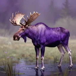 “A majestic purple moose in profile, emerging from a swamp, artwork by Michelangelo”