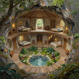 painting of an interior of a hidden circular complex carved inside a mountain living quarters overlooking the great room, small hot spring and lush garden outside, other bedrooms can be seen, natural light, fantasy, natural light, concept art, by greg rutkowski and craig mullins, cozy atmospheric and cinematic lighting, trending on artstation