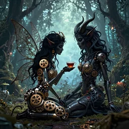 silhouette of an intricate mechanical fairy with visible gears having tea with a cyborg winged horned demon medusa in a magical forest. Very detailed 8k. Fantasy cyberpunk horror. Sharp. Cinematic post-processing