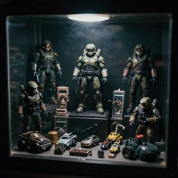 a dark gift shop display case with master chief toys figures, accessories, and vehicles. 3 5 mm f / 2. 8 macro lens. creepy dark polaroid.
