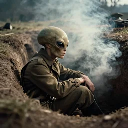 smoke, tilt shift wwi alien pondering over a dug out trench, dramatic light, zdzidaw, ultrafine, hyperrealistic, vintage, retro, 3 5 mm film still, movie