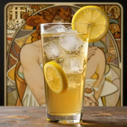ice - t, behind tall iced tea glass, by alfons mucha, golden hour, realistic, body shot, sharp focus, 8 k high definition, insanely detailed, intricate, elegant, lemon