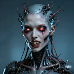 ! dream cybernetic woman, with wires attached to head, terrifying, immortal, glowing eyes, razor sharp teeth, horror, studio lighting, 8 5 mm f / 1. 8, cyberpunk, masterpiece, highly detailed, realistic, fauvism, cinematic color, by bernie wrightson, by graham ingels