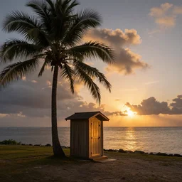 A single outhouse on a small island next to a palm tree at sunset