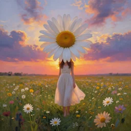 wearning giant daisy flower crown, full body girl standing in a flower field, surreal photography, sunrise, dramatic light, impressionist painting, colorful clouds, digital painting, artstation, simon stalenhag