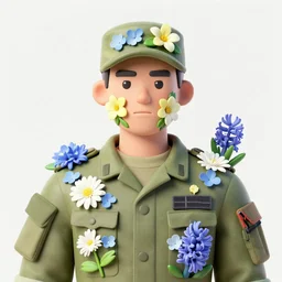 handmade character portrait of a serious american soldier man, flowers growing on his face and body, amaratyllis, hydrangea, chrysanthemum, hyacinth, in the style of artgerm and enki bilal and bastien lecouffe - deharme, wlop, line art, watercolor, cinematic lighting, hyperdetailed, hyperrealistic