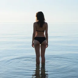 a woman, standing in shallow endless water, backlit, backlit, photo by Marat Safin, Canon EOS R3, 35mm, f/1.4, ISO 200, 1/160s, 8K, RAW, unedited, symmetrical balance, in-frame