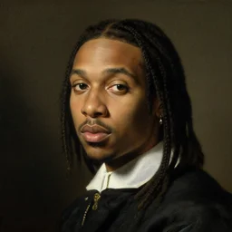 a Dutch Golden Age portrait painting of Playboi Carti, shallow depth of field, close up, split lighting, cinematic