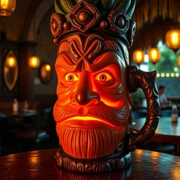 a closeup photorealistic photograph of ben grimm's face on a tiki mug at trader vic's restaurant. fantastic four. tiki culture. bright scene. fine detail. this 4 k hd image is trending on artstation, featured on behance, well - rendered, extra crisp, features intricate detail, epic composition and the style of unreal engine.