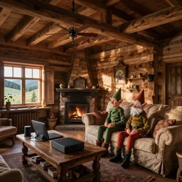 wooden cottage, living room, elves sitting on the couch, high-tech devices on the table, traditional fireplace, by Alex Horley, by Yuumei