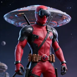 cyberpunk concept cool deadpool warrior bot, cinema 4 d, galaxy, ufo, space sci - fi, wearing vr goggles, illustration, portrait, pastel neon textured background night, trending on artstation, greg rutkowski, octane rendered, 1 2 k, detailed,