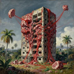 surrealist painting of a brutalist building turning into meat, red webs, post apocalyptic, tropical landscape, painted by beksinski