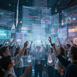cinematic epic, groups of happy people in cyberspace, many layers of overlapping translucent gigantic screens projecting beautiful random sized reference sheets, floating translucent graphics, dripping light drops, hands touching light drops, supercomputers transforming text to images, perfect lighting pixel sorting