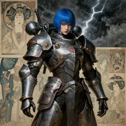 composition of gothic and futuristic young mainem, warhammer, cyber japan armor, more and more scars, thunderstorm, blue head, the middle ages, highly detailed, artstation, in the style of moebius, jugendstil and classic japanese print, art by greg rutkowski and rene magritte